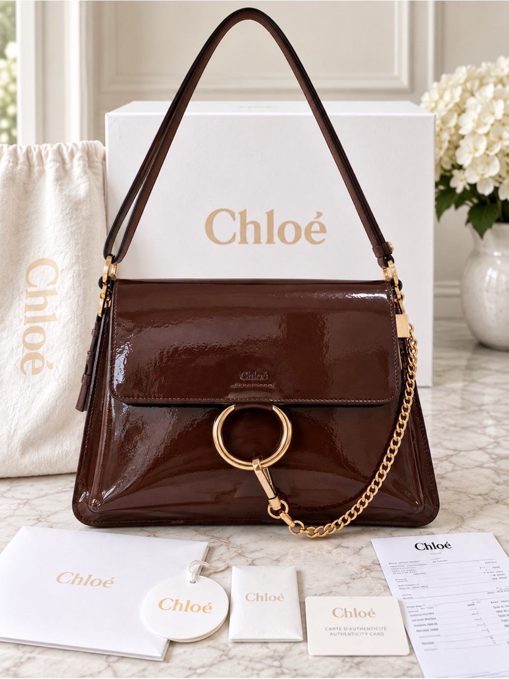 Chloé Faye Brown Patent Leather Shoulder Bag Full Set